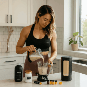 Woman making a protein shake with a blender in a modern white kitchen