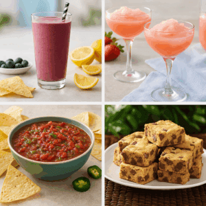 Unique food collage featuring smoothie, frozen drinks, salsa dip, and brownies