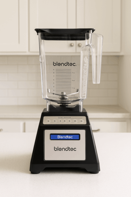 Blendtec Total Classic blender on a white kitchen countertop with clear container