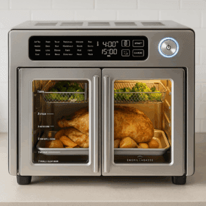 Emeril Lagasse stainless steel air fryer countertop oven with dual doors cooking chicken and vegetables