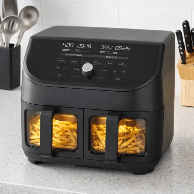 ClearCook viewing window on Instant Pot Vortex Plus XL 8QT air fryer showing fries crisping inside with internal light on