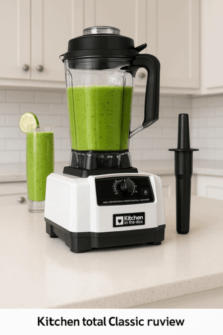 Kitchen in the Box blender with green smoothie in container, tamper, and fresh fruit beside it