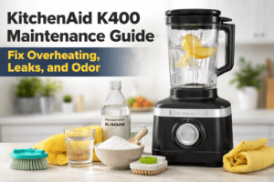 KitchenAid K400 blender with cleaning supplies showing maintenance steps to fix overheating, leaks, and burning odor