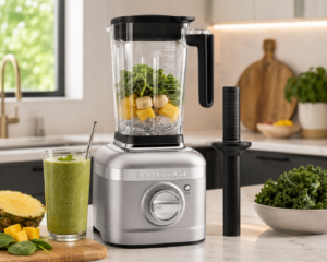 KitchenAid K400 blender on a modern marble kitchen countertop with green smoothie and fresh fruit ingredients