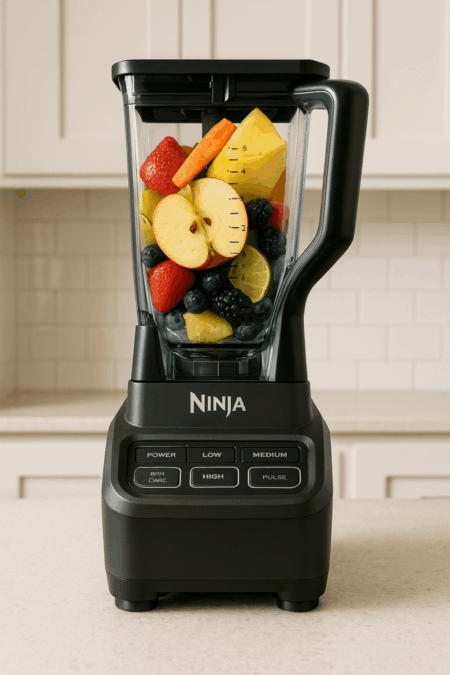 Ninja BL610 Professional Blender on light kitchen countertop with fruit-filled container
