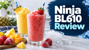 Ninja BL610 review graphic with frozen fruit drinks and crushed ice