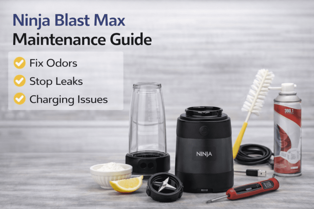 Ninja Blast Max portable blender with cup removed and cleaning supplies displayed for maintenance and charging port care