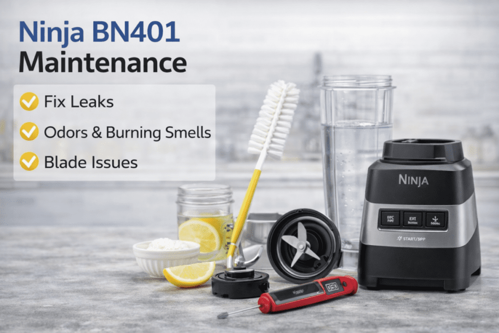 Ninja BN401 Nutri Pro personal blender with blending cup, extractor blade, and cleaning tools displayed for maintenance and leak prevention