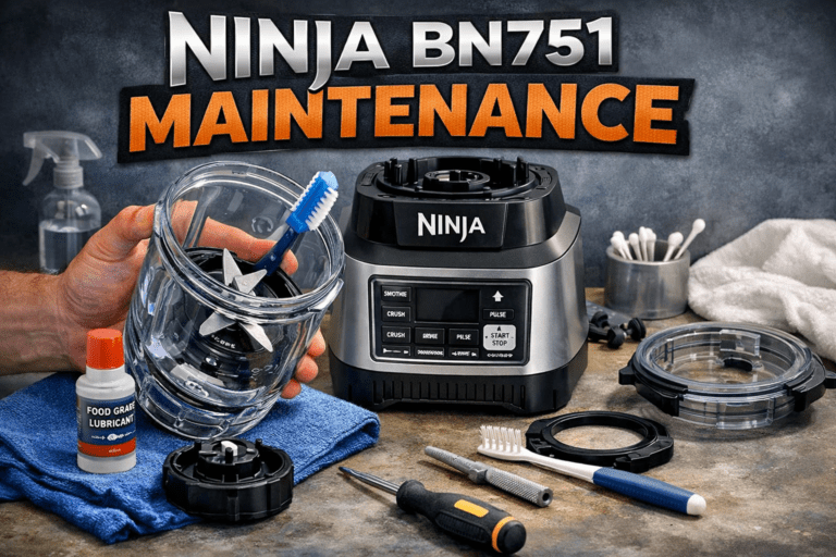 Ninja BN751 blender maintenance showing cleaning, blade care, and gasket inspection on kitchen counter