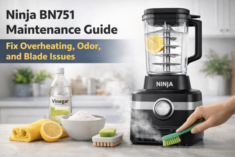 Ninja BN751 maintenance image showing stacked blades and motor vents for fixing overheating and burning smell issues