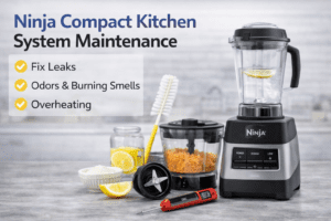 Ninja Compact Kitchen System with blender pitcher, food processor bowl, and blade assembly displayed for cleaning and maintenance