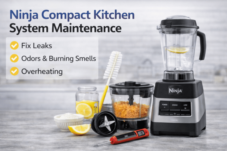 Ninja Compact Kitchen System with blender pitcher, food processor bowl, and blade assembly displayed for cleaning and maintenance
