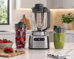 Ninja SS151 TWISTi Blender DUO on modern kitchen countertop with smoothie cups and blending pitcher
