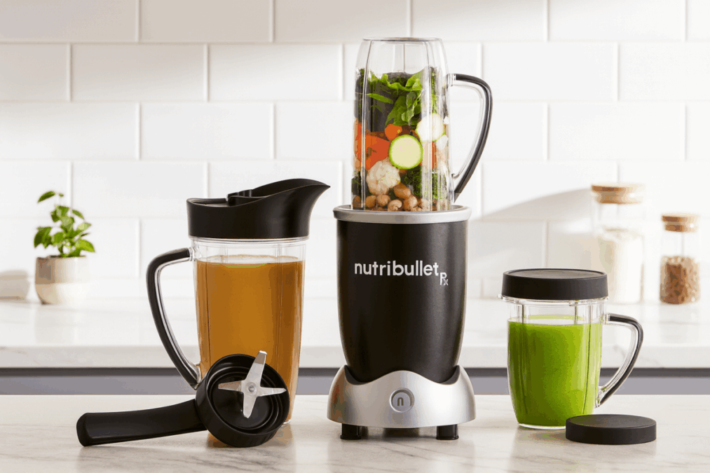 Nutribullet RX blender with smoothie jars on modern kitchen countertop