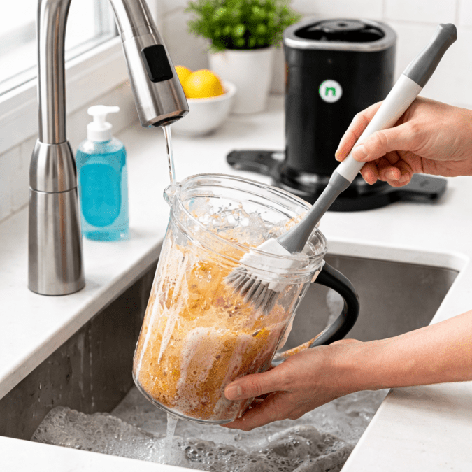 Cleaning NutriBullet RX blender cup under sink with soap and brush showing easy cleanup