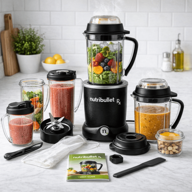 NutriBullet RX full set with cups pitcher blade remover and accessories laid out on kitchen counter