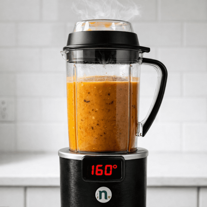 NutriBullet RX making hot soup with steam rising showing heating blending function