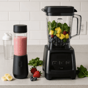 Portable blender and full-size countertop blender side by side on a kitchen counter with smoothies, fruits, and spinach.