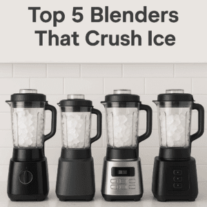 Five countertop blenders filled with crushed ice on a modern white kitchen counter, designed to show ice-crushing performance.