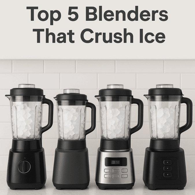 Five countertop blenders filled with crushed ice on a modern white kitchen counter, designed to show ice-crushing performance.