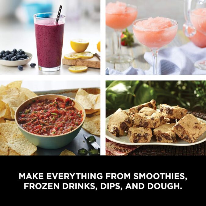 Various recipes including smoothies, frozen drinks, salsa dip, and cookie bars made with the Ninja BN751 blender