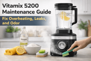 Vitamix 5200 maintenance guide image showing blender container, motor vents, and cleaning tools for overheating and burning smell prevention