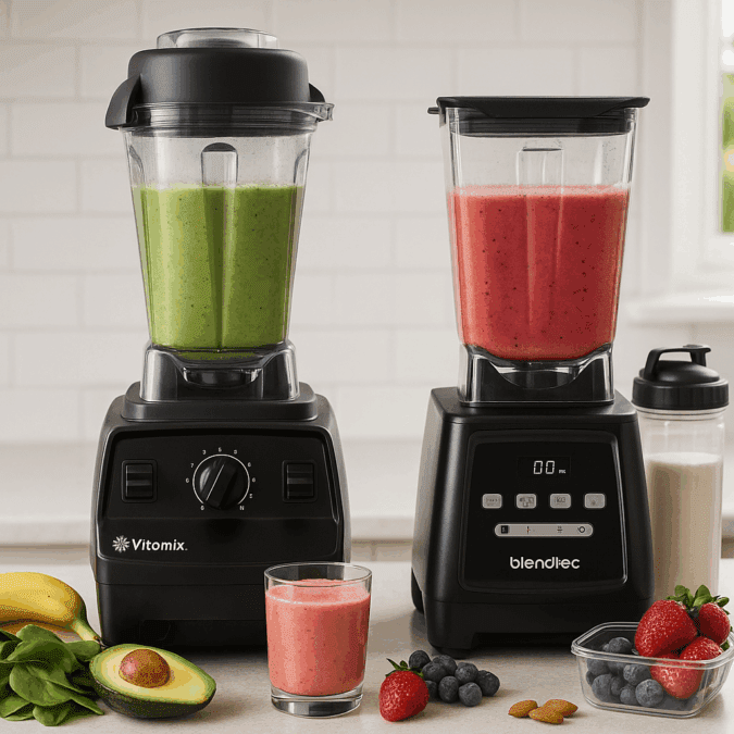 Vitamix 5200 and Blendtec Total Classic blenders side by side on a kitchen counter with smoothies, fruits, and fitness ingredients.