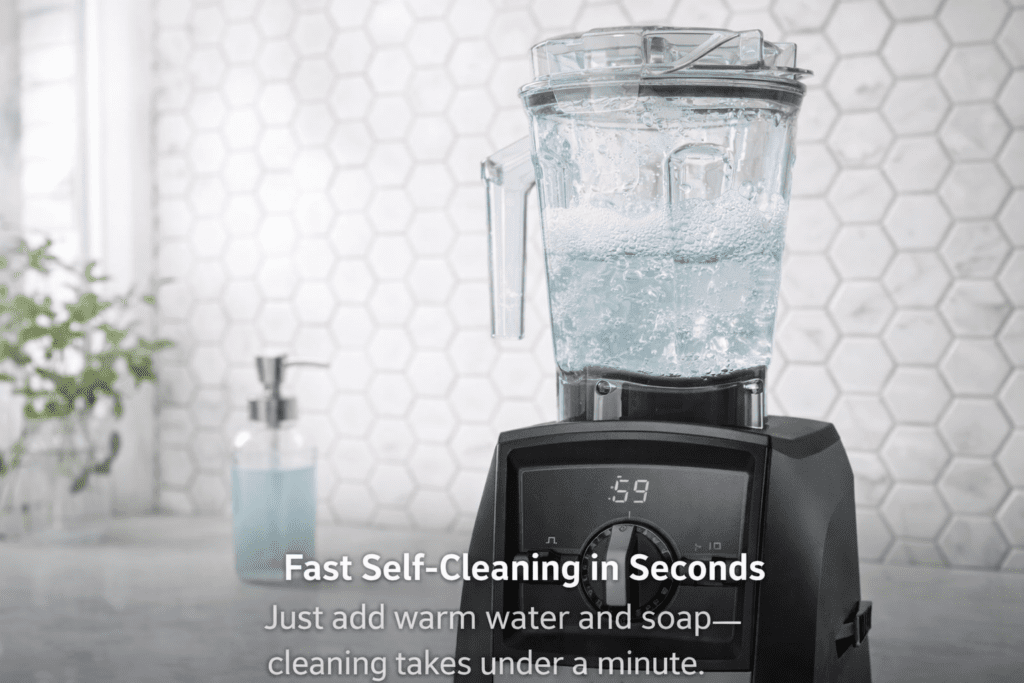 Vitamix blender self-cleaning with water and soap inside container
