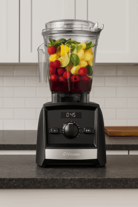 Vitamix A2500 blender on dark stone kitchen countertop with fruit and greens inside