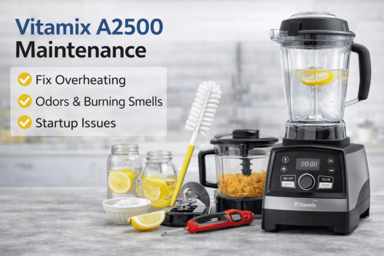 Vitamix A2500 blender with container removed and cleaning supplies displayed for maintenance, overheating prevention, and odor removal