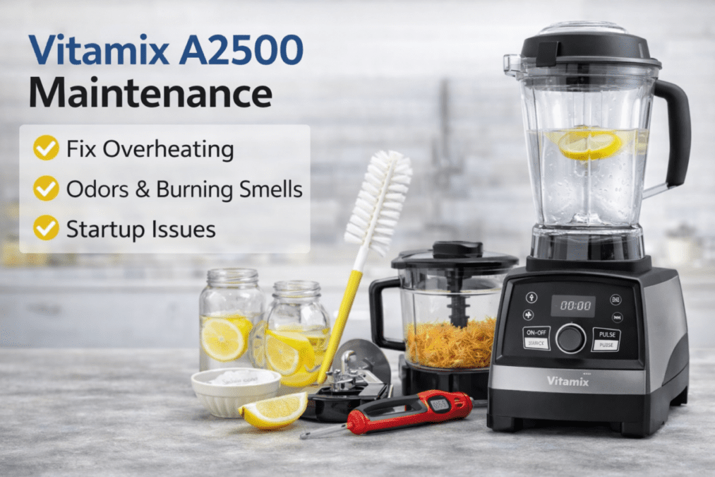 Vitamix A2500 blender with container removed and cleaning supplies displayed for maintenance, overheating prevention, and odor removal
