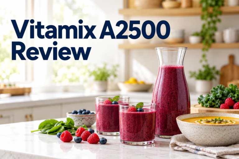 Vitamix A2500 review graphic with a berry smoothie carafe, two glasses, vegetable soup and fresh ingredients