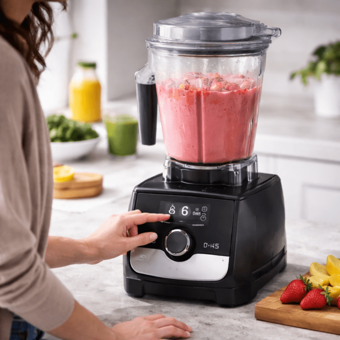 Vitamix blender running on kitchen counter during smoothie preparation