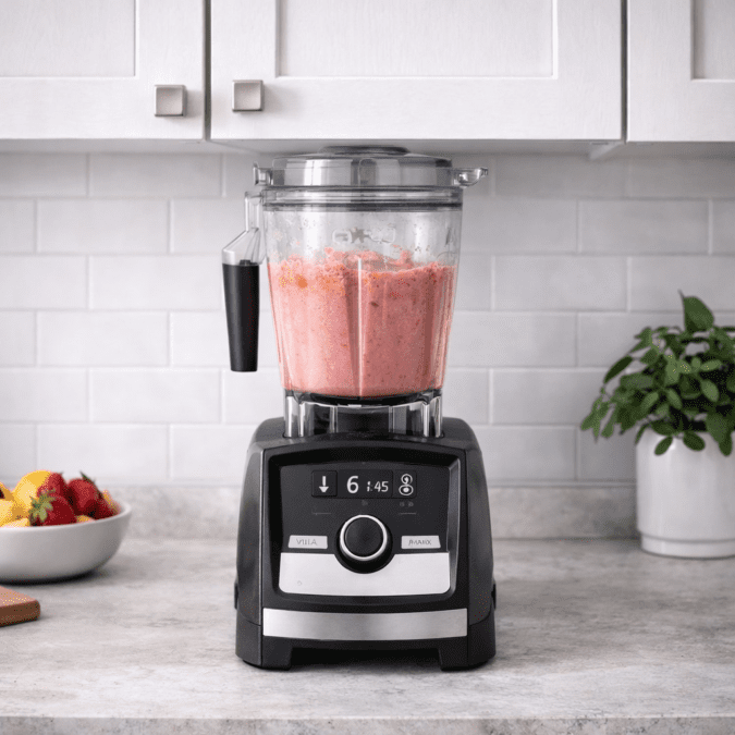 Vitamix A3300 blender fitting under kitchen cabinet on countertop