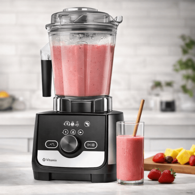 Vitamix A3300 blender on a modern kitchen countertop with smoothie glass and fresh ingredients