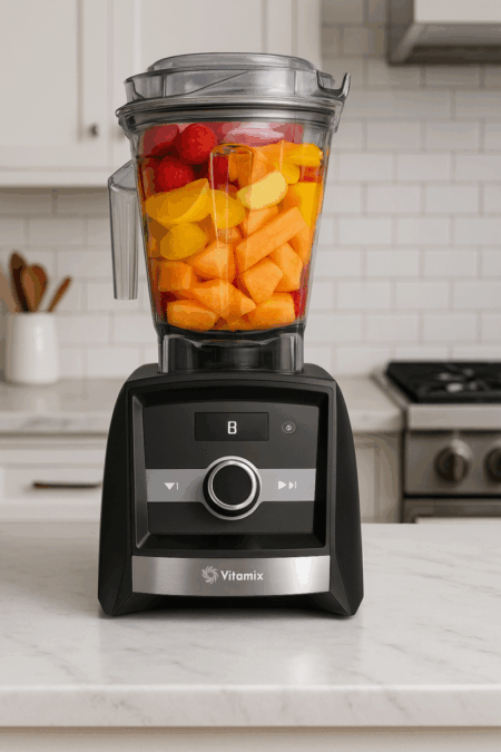 Vitamix A3300 Ascent Series smart blender with digital touchscreen and fruit-filled container