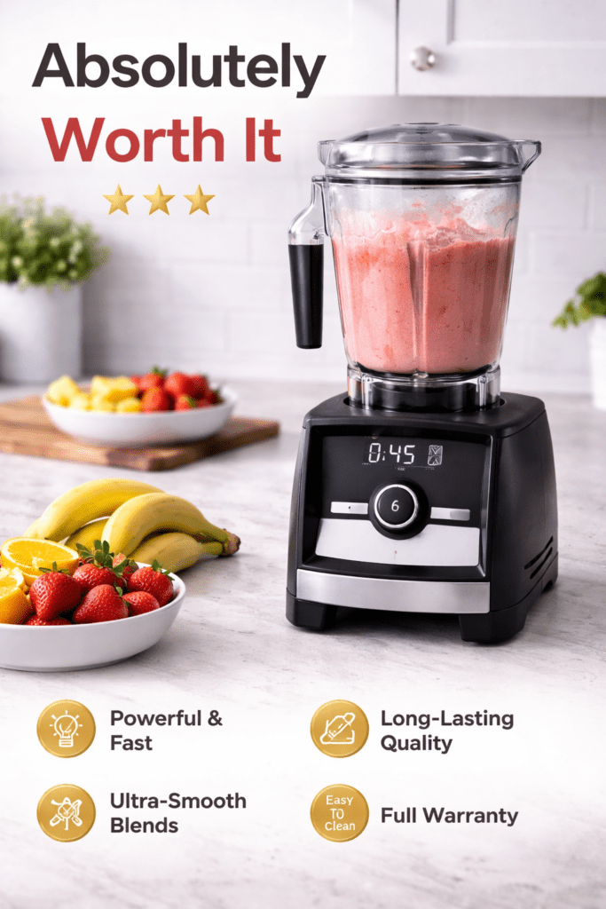 Vitamix A3300 blender on modern kitchen counter with smoothie