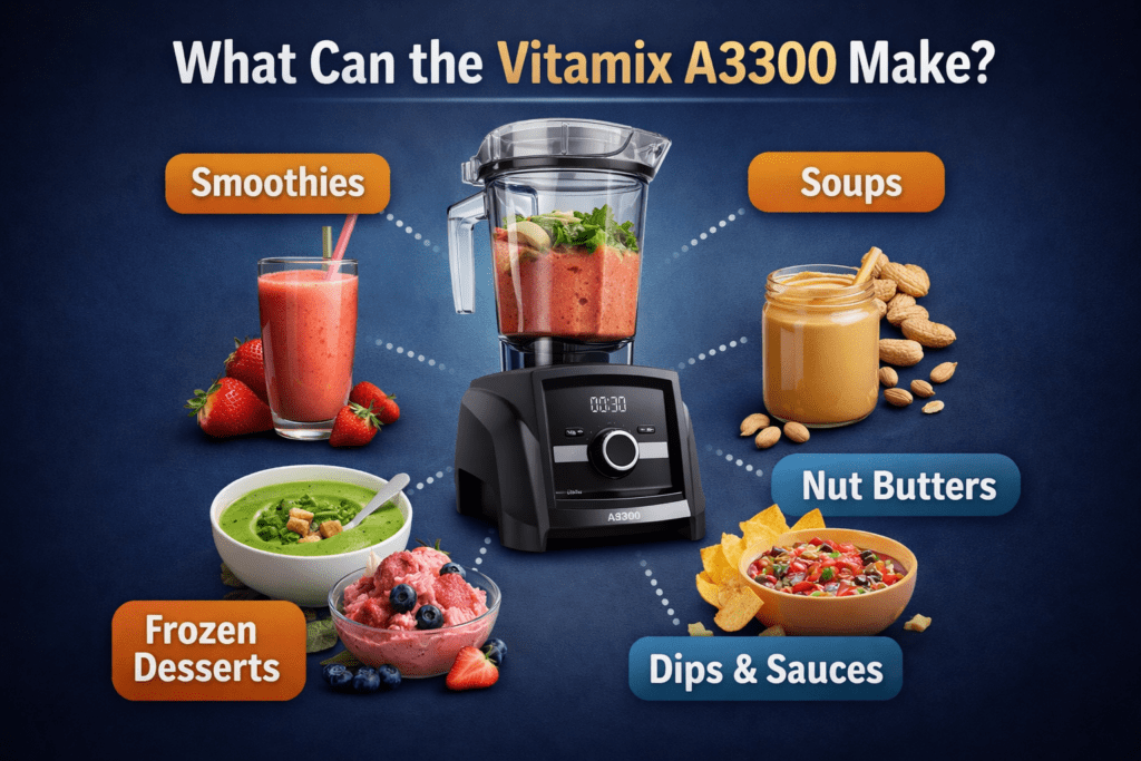 Examples of recipes made with Vitamix A3300 including smoothies soups desserts and nut butter