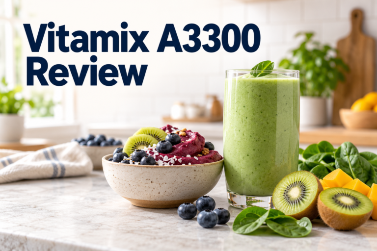 Vitamix A3300 review graphic with a green smoothie, berry frozen dessert, kiwi, mango and spinach