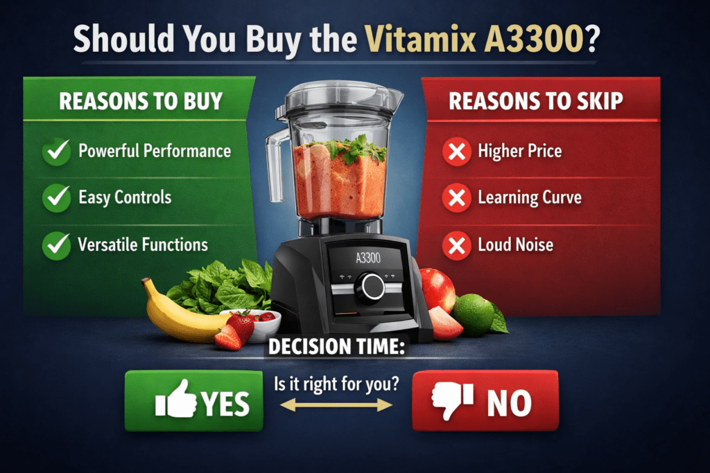 Quick decision guide showing pros and cons of the Vitamix A3300 blender
