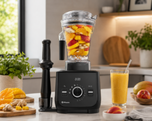 Vitamix Ascent X2 blender on a modern marble kitchen countertop with fresh fruit and smoothie ingredients