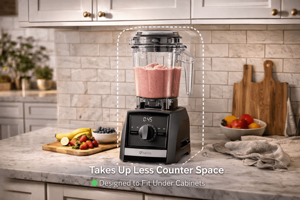 Vitamix A2500 blender on kitchen counter showing size and footprint