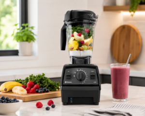Vitamix E310 Explorian blender on a modern marble kitchen countertop with fresh fruit and smoothie ingredients