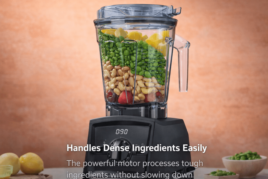 Blender filled with fruit greens and nuts before blending