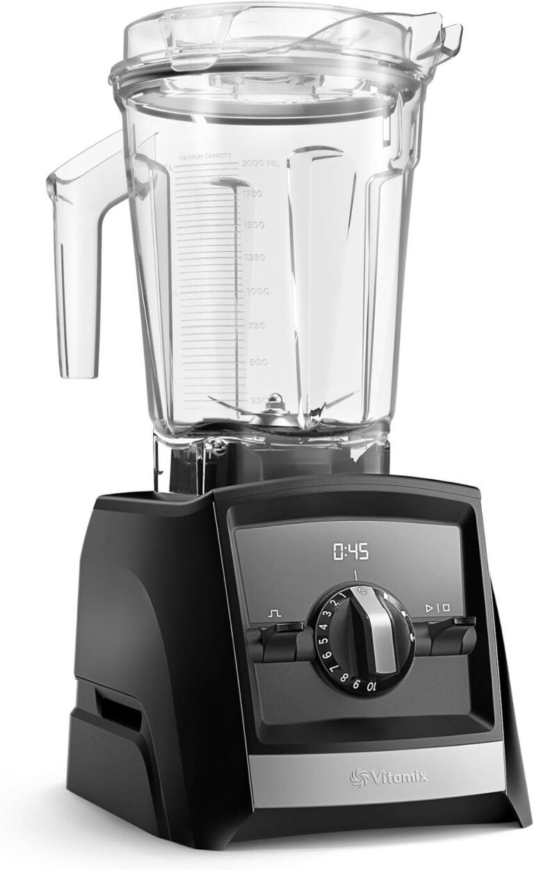 Vitamix A2500 Ascent Series Smart Blender with clear 64-ounce container, classic dial controls, digital display, and sleek black-and-silver base.