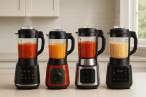 Four modern countertop blenders with heating functions blending hot soups and sauces with steam rising in a bright kitchen.