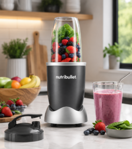 NutriBullet RX personal blender on a modern kitchen countertop with smoothie ingredients, berries, and spinach