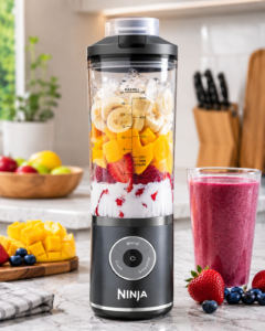 Ninja Blast Max portable blender on a modern kitchen countertop with smoothie ingredients and fresh fruit