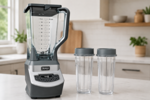 Ninja BL660 blender with its full-size pitcher and two personal cups