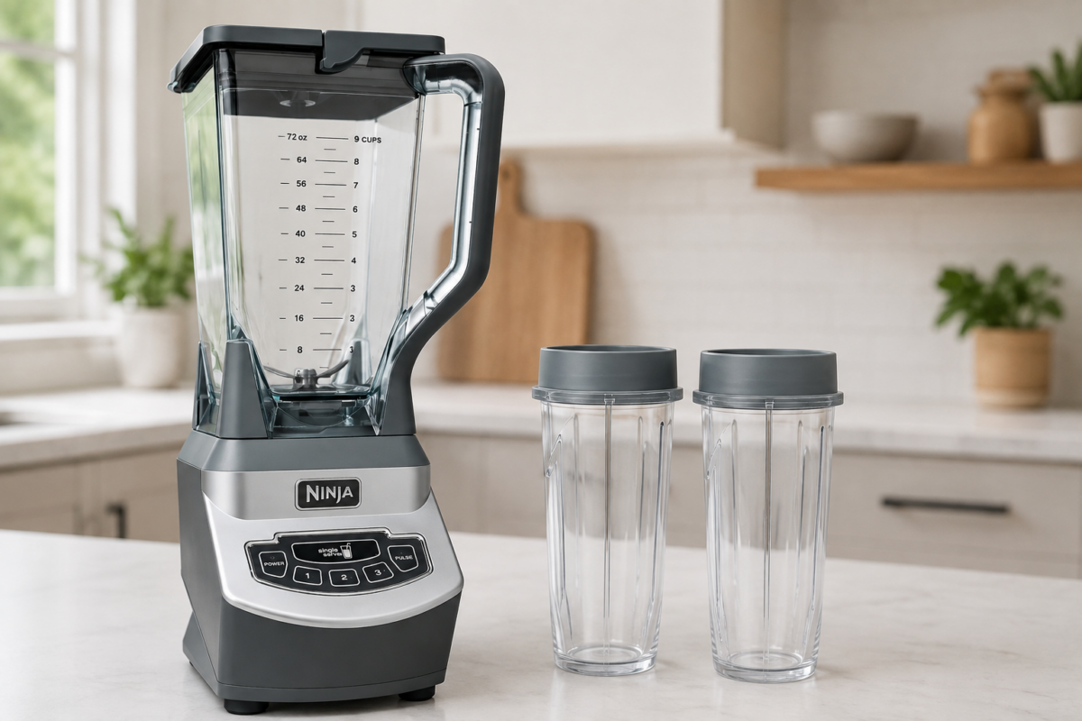 Ninja BL660 blender with its full-size pitcher and two personal cups